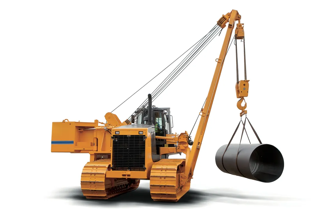 Pipe layer (side boom) holding a length of steel line pipe in two slings